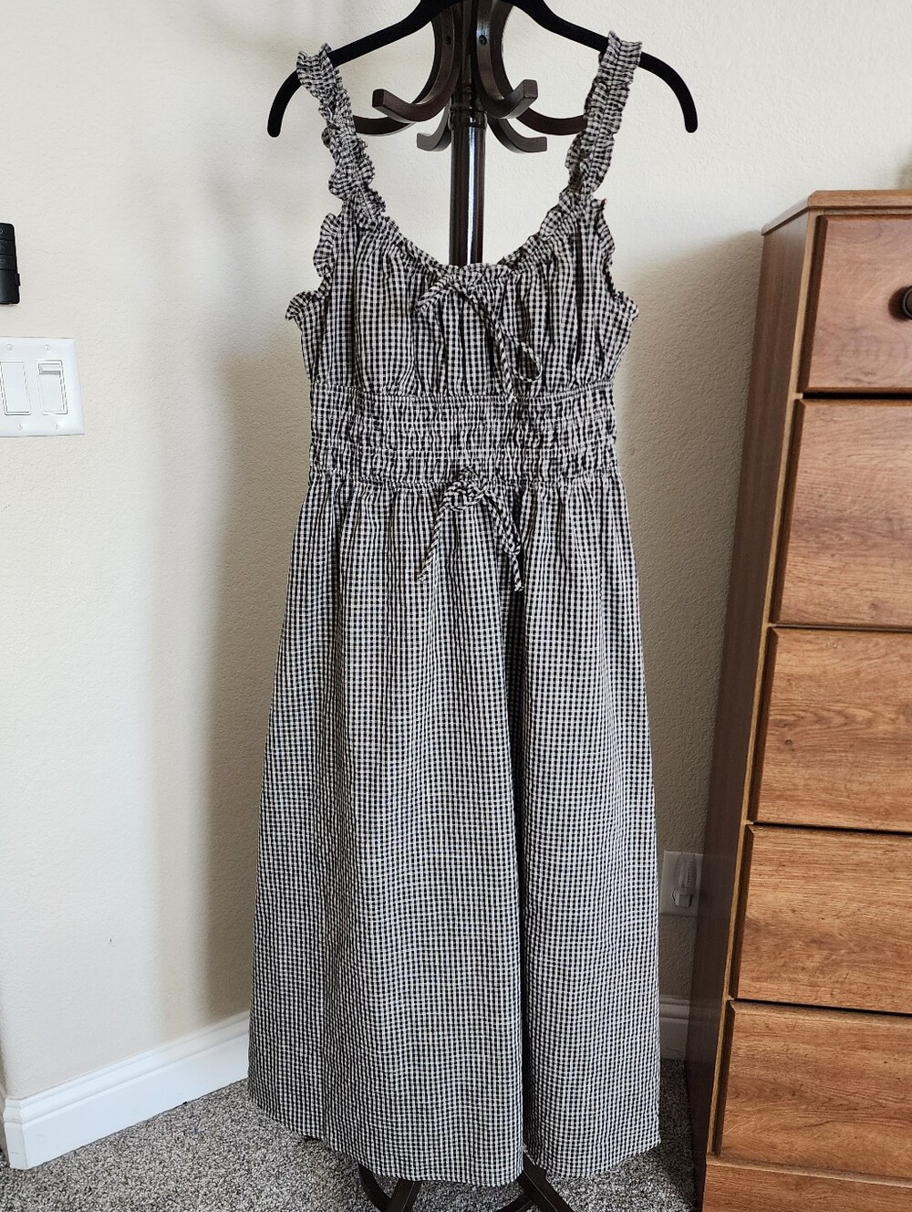 Like New Storia Black & White Gingham Smocked Maxi Dress L